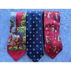 3X Lot Men's Christmas Holiday‎ Neck Ties, Garfield Odie Reindeer Snowflakes EUC
